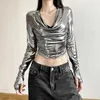 Magliette da donna T-shirt casual con scollo ad anello metallizzato T-shirt casual primavera autunno Slim Fit da donna a maniche lunghe Crop Top Club Party Tees Streetwear