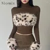 Work Dresses Leopard Pattern Plush Spliced High Neck Top Sexy Spicy Girl Color Contrast Wrap Hip Short Skirt Two Piece Set For Women