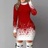 Kerst Sneeuwvlok Gedrukt Dres Kleding Lange mouwen Ronde Hals Xmas Party Bodycon Jurk Elegant Casual Mini Jurken 240323