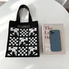 Storage Bags Cartoon Black And White Chessboard Plaid Panda Knitted Handbag Fashionable Simple Large Capacity Trendy All- Commute Sh