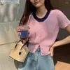 Kvinnors T-skjortor Spring and Summer Crew Neck Patchwork Color Contrast Short Sticke T-shirt Enkel bundna fashionabla söta koreanska toppar