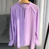 Blusas femininas de seda roxa blusa casual manga longa com decote em v primavera 2024 senhoras soltas camisa plissada topos