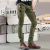 Jeans pour hommes Green Denim Biker Jeans Skinny New Runway Distred Slim Elastic Homme Hip Hop Militaire Moto Cargo Pantalon P1Fu #