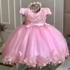 Luksusowa księżniczka aplikacja Flower Girl Sukienki na ślub Tiul Pearls Ball Kids Controsel Gown Przyjęcie urodzinowe Pierwsza komunia noszenie 240313