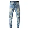 GATTREND KNEA FACK BLÅ SPELT VIT LÄDER DULTALS JEANS ELASTISK SLIM FIT SYTCHED MOTORCYCLE PANTS