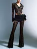 Women Sexy 2 Piece Pants Set See Through Crop Camisole Top Sheer Floral Lace Flare Bell Pants Slim Matching Y2k Set240327