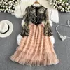 Basic Casual Dresses 2023 Summer Round Neck Lace Stitching Mesh A-Line Dress High Waist Puff Sleeve Vestidos Elegant Mid-Length Ladies Otq6I