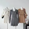 İş Elbiseleri 2024 Sonbahar Preppy Style Örme Takım Kadın İnce Kawaii Sweter Üstler Sıradan Y2K Mini Etek Moda 2 Parça Set