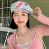 Berets Women Love Heart Wzorka dżinsowa kapelusz japoński styl słodki okrągłe czapki dziewczęta mody malarz malarz caps po propon