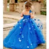 Lace Royal Blue Blume Girl Kleider für Hochzeit 3D Appliked Ballkleid Kleinkind Festzugskleider Tüll bodenlange erste Kommunionkleid S S