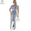 İş Elbiseleri Vazn 2024 Seksi Sokak Stili Kolsuz Strapsiz Kısa Üst Düğmeler Açık Çatal Kat Uzunluğu Lady Denim 2 Parça Set
