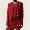 Hösten 2023 Fashion Bright Wool Cotton Silk Red Tweed Coat Women's Chain Gold Buckle mångsidig ulljacka Stickad jacka