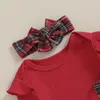 Set di abbigliamento 3 pezzi Completi natalizi per bambina Pagliaccetto a maniche lunghe per neonato Set gonna scozzese con bretelle con fascia