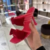 Sandaler Square Head Bowknot Slides Stiletto High Heels Rose Red Solid Velvet Open Toe Women 2024 Summer Sexy Banket Party Shoes