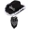 Bérets Chapeau de cowboy rose Western Cowgirl avec bandana plume strass Costume de vacances Panama Fedora Party C1A6