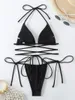 Dames Badmode Sexy Rode Micro Bikini 2024 Mujer Vrouwen Badpak Zwart Kriskras Bandage Push Up Badpak Tie Side String Bikini's