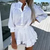 Work Dresses Elegant Commute Outfits Fashion Solid Color Casual 2pc Set Spring Summer Stand-up Collar Wrist Shirts Ruffles Short Skirts Suit