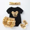 Conjuntos de ropa Golden 4pcs Set Baby Girl Born Girls Romper PP Pantalones Diadema Zapatos Ropa para niños 2024 Disfraces