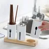 Kitchen Storage Silverware Tube With Wood Base Wooden Cutlery Utensil Holder Bamboo Dinnerware Rack