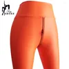 Leggings da donna Sexy aderenti da donna a vita alta in pelle PU elasticizzati pantaloni a matita slim doppia zip con apertura sul cavallo Trouers discoteca