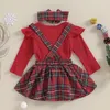 Clothing Sets 3Pcs Baby Girl Christmas Outfits Infant Long-Sleeve Romper Top Suspender Plaid Skirt Set With Headband