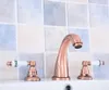 Badrumsvaskkranar Antik Röd koppar Deck Mount WidsePread 3 Holes Faucet Dual Ceramic Handle and Cold Water Tap TSF537