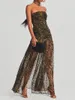 캐주얼 드레스 여자를위한 섹시한 튜브 드레스 스트랩리스 메쉬 패치 워크 표범 인쇄 하이 슬릿 뒤쪽 긴 파티 클럽 나이트