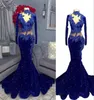 2022 Royal Blue Evening Dresses Wear Black Girls Sequined Lace See Through Long Sleeves Lace Appliques Beads African Formal Prom M5086931