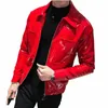 Giacca in pelle rossa per uomo 2024 Inverno Fi Punk gotico Shinny Cantante Club Party Stage Dance Costume Uomo Bomber nero Cappotti B3Ho #