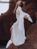 Чешское свадебное платье с высоким разрезом и открытой спиной, аппликациями, кружевное свадебное платье, русалка, с длинными расклешенными рукавами, деревенское свадебное платье