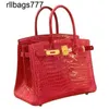 Sac à main en cuir véritable Bk Luxurys Serrure entièrement cousue à la main 30 Portable Grand Brillant Baie Inversée Crocodile Luxe Femme