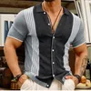 Polos masculinos vintage listra malha polo camisas de manga curta elegante botão para baixo cardigan camisola verão casual roupa confortável t