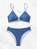 Women's Swimwear Sexy Blue Contrast Bikini Women 2024 Ring Linked Hollow Out High Waist Swimsuit V-neck Rib Bathing Suit Beachwear