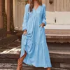 Robes décontractées Femmes Vintage Lâche Coton Lin Élégant Solide Col V Chemise À Manches Longues Robe Flowy Maxi Robe Femme