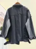 Jaquetas masculinas vintage manga cheia apliques spaper padrão tamanho grande preto denim lazer tendência casaco outono jeans
