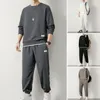 Tracksuits masculinos homens casual conjunto de duas peças de mangas compridas tops calças waffle textura o-pescoço manga longa elástica para a primavera