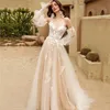 Boheemse champagne tulle een lijn trouwjurken met verwijderbare lange mouwen bloemen kanten appliqued bruidsjurken sexy sweetheart bruid vestidos de novia