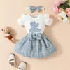 Set di abbigliamento Blotona Gonna per bambina Completi con ricamo a orso Pagliaccetto a maniche corte con mini scozzese e fiocco con fascia Set da 3 pezzi 0-18M