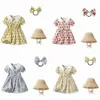 Girls Dresses Summer Kids Fragmented Flower Dress Girl Baby Flip Collar Bubble Skirts Short Sleeve Sun Shade Hat Princess Dress Free Headrope size 70- Z63b#