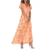 Festklänningar tryckt klänning V-ringning Floral Print V Neck Maxi för kvinnor Summer Beach Resort Wear A-line Loose Big Hem Vacation