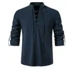 2022 새로운 남자 V- 넥 셔츠 티셔츠 Fi 빈티지 얇은 lg 슬리브 탑 남자 캐주얼 통기성 FRT 레이스 업 셔츠 t1y9#
