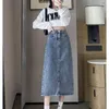 Saias moda denim saia longa y2k vintage cintura alta split midi jeans 2024 verão roupas femininas coreia elegante