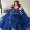 Gorgeous Navy Blue Saudi Arabic Evening Dresses 2024 Cape Sleeves A Line Tiered Tulle Maxi Prom Dress Ankle Length Beaded Formal Birthday Party Dress Turkish Vestios