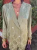 طباعة أنيقة قميص ساطع الحرير من طية صاخب طية مجموعة للنساء أزياء معطف طويل الأكمام معطف سراويل عادية