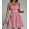 Enkel mousserande A-Line V Neck Party Dresses Sweetheart Tulle Mini Homecoming Gown Robe Cocktail Femme Mariage Draped