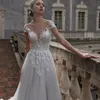 Abiti da sposa eleganti lunghi con scollo a tubino in tulle Manica ad aletta A-Line Pizzo avorio Sweep Train Abito da sposa da giardino Cerniera posteriore Vestido de novia Abiti da donna