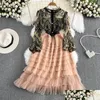 Basic Casual Dresses 2023 Summer Round Neck Lace Stitching Mesh A-Line Dress High Waist Puff Sleeve Vestidos Elegant Mid-Length Ladies Otq6I