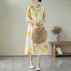 Festklänningar 2024 ankomst tunt ljus mjuk stativ krage pärla mode kinesisk stil sommarklänning tryck blommig vintage kvinnor avslappnad