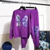 Women's Two Piece Pants Knitting Suit Ladies Autumn And Winter Rhinestone Loose Purple Sweater Straight Baggy Jogger Two-Piece Set Clothes