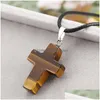 Pendant Necklaces Fashion Christian Cross Necklace For Women Healing Crystal Quartz Chakra Natural Stone Crucifix Leather String Rope Dhir6